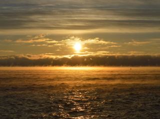 Sunrise over sea smoke off the coast at Acadia National Park, Maine