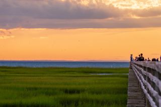 A boardwalk over the marsh at sunset on Cape Cod