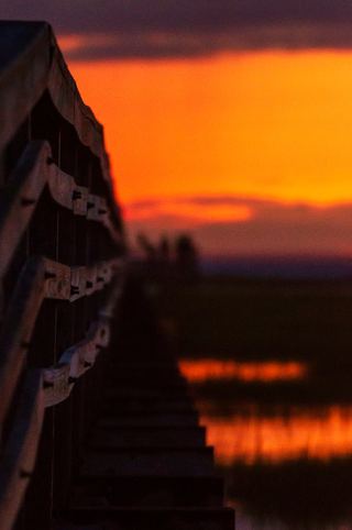 Boardwalk railing against an orange sunset over the Cape Cod marsh