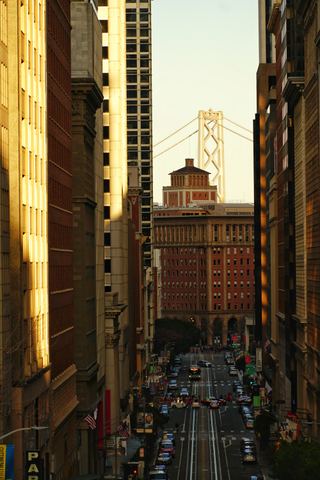 Looking east down California Street toward the Bay Bridge from Nob Hill, San Francisco