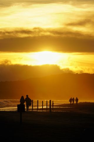 Silhouetted figures on Stinson Beach under a golden sunset