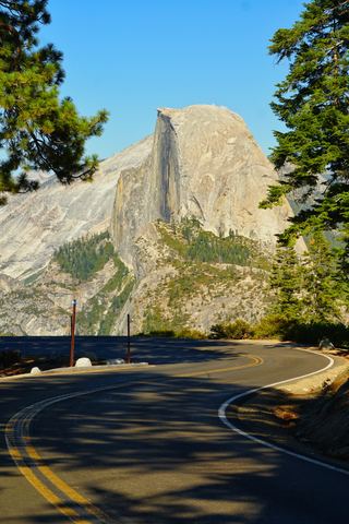 Half Dome framed by pines above a curving road in Yosemite National Park, California