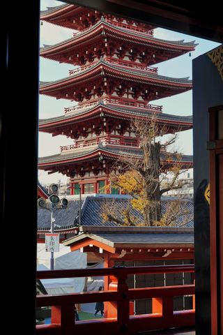 The five-storied pagoda at Senso-ji framed through a temple doorway, Asakusa, Tokyo